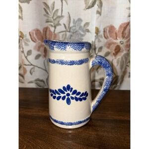 Blue & Grey Spongeware Pottery - Small Ceramic Pitcher w/ Cobalt Design 6"